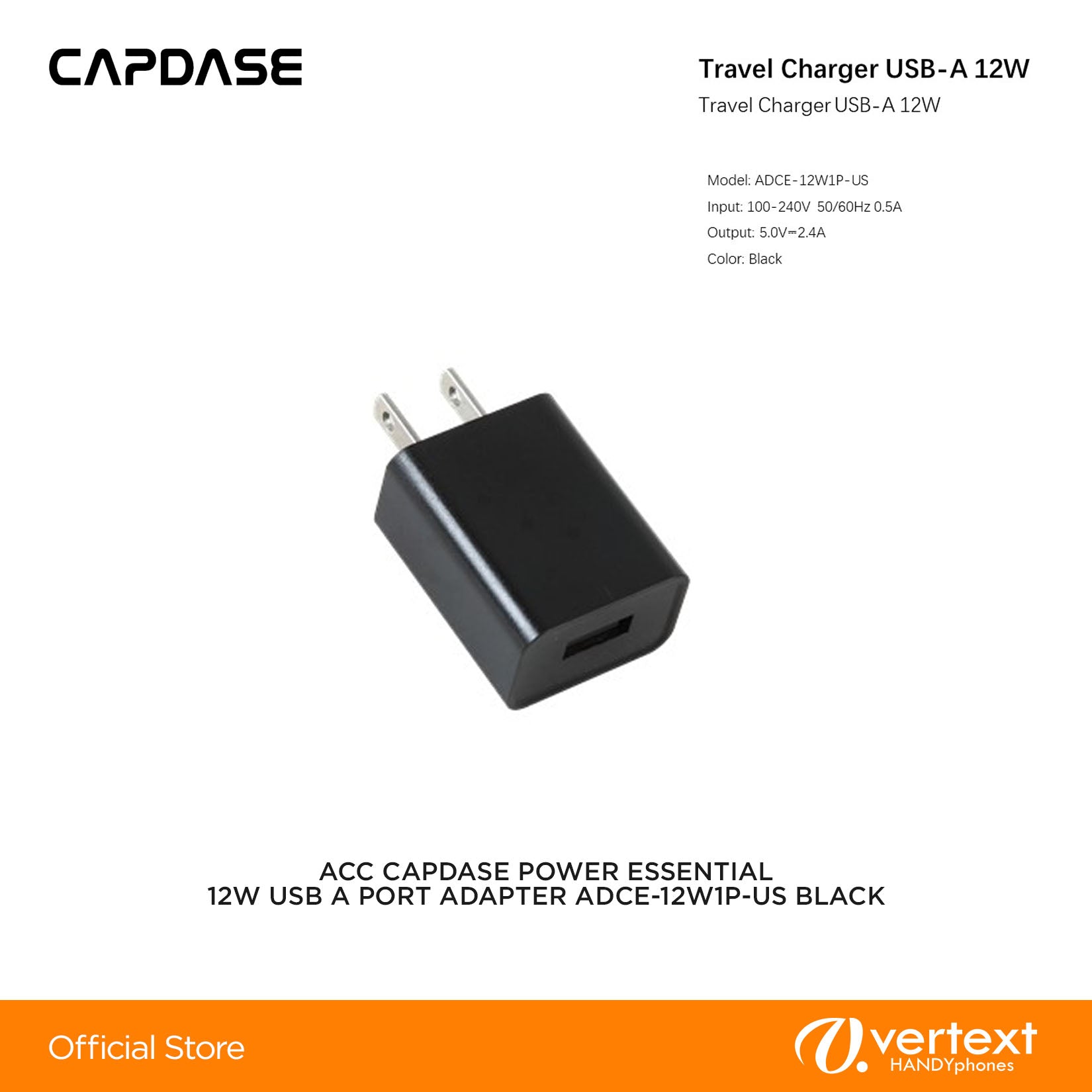 Capdase POWER ESSENTIAL 12W USB A PORT ADAPTER ADCE-12W1P-US